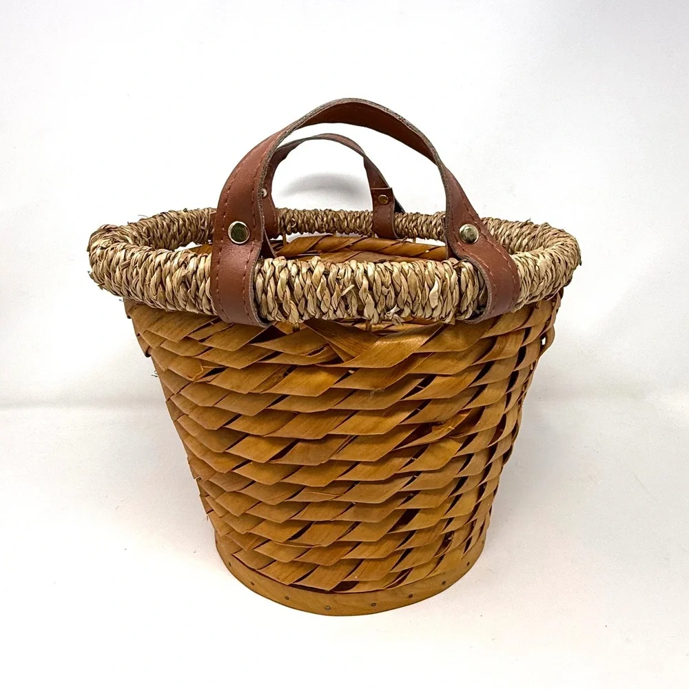 Rustic Woven Wood Basket with Seagrass Rim and Leather Handles Brown 11x8